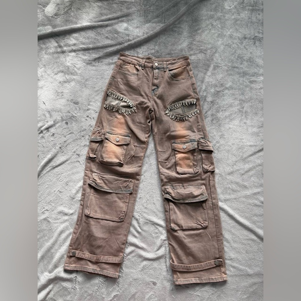 Rhinestone Fringe Cargo Jeans